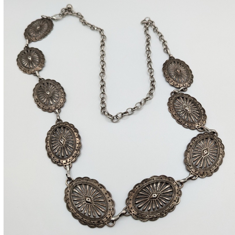 Vintage Silver Tone Oval Sunburst Concho Chain Belt Adjustable Western Boho